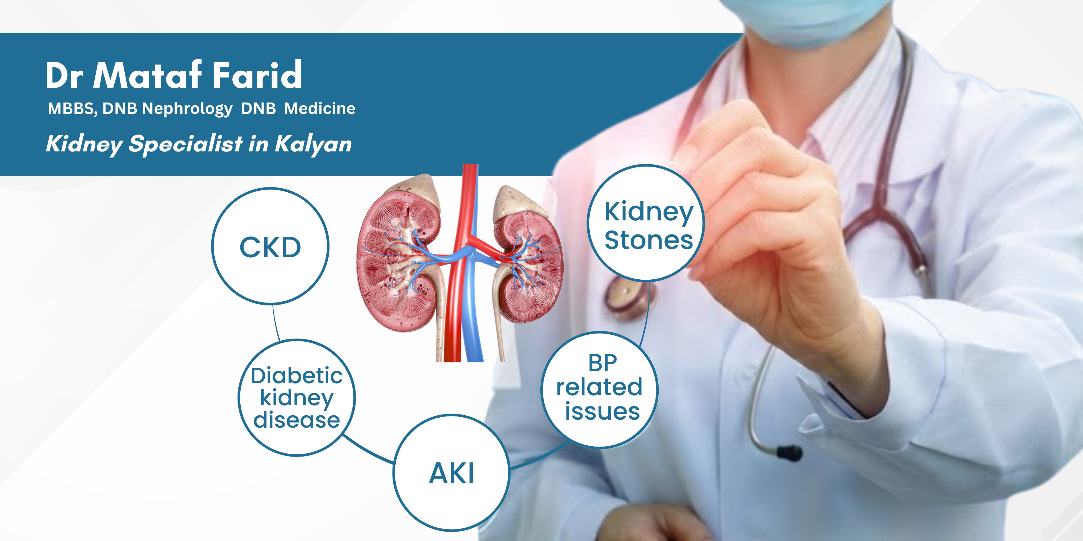 Dr Mataf Farid, kidney specialist and nephrologist in Kalyan, treating chronic kidney disease, diabetic kidney disease, kidney stones, AKI, and blood pressure–related kidney issues.